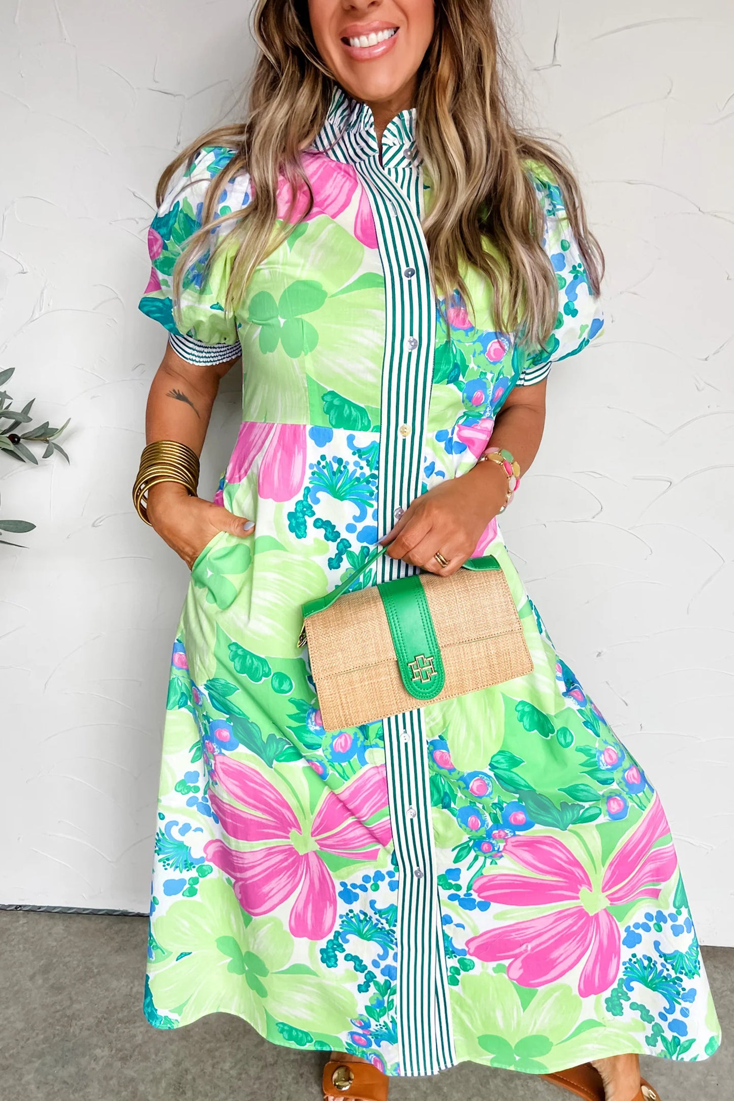 Floral Print Striped Trim Button Down Short Sleeve Dress