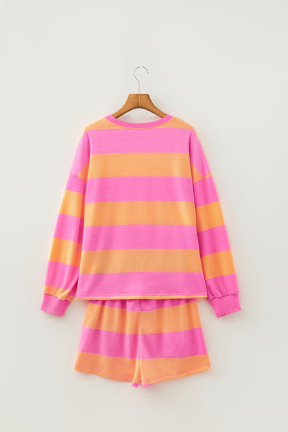 Pink Stripe Long Sleeve Casual Top Drawstring Shorts 2pcs Set