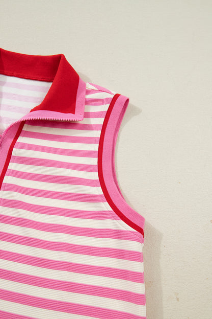 Sachet Pink Textured Stripe Print Contrast Trim Zip Collar Sleeveless 2pcs Skort Set