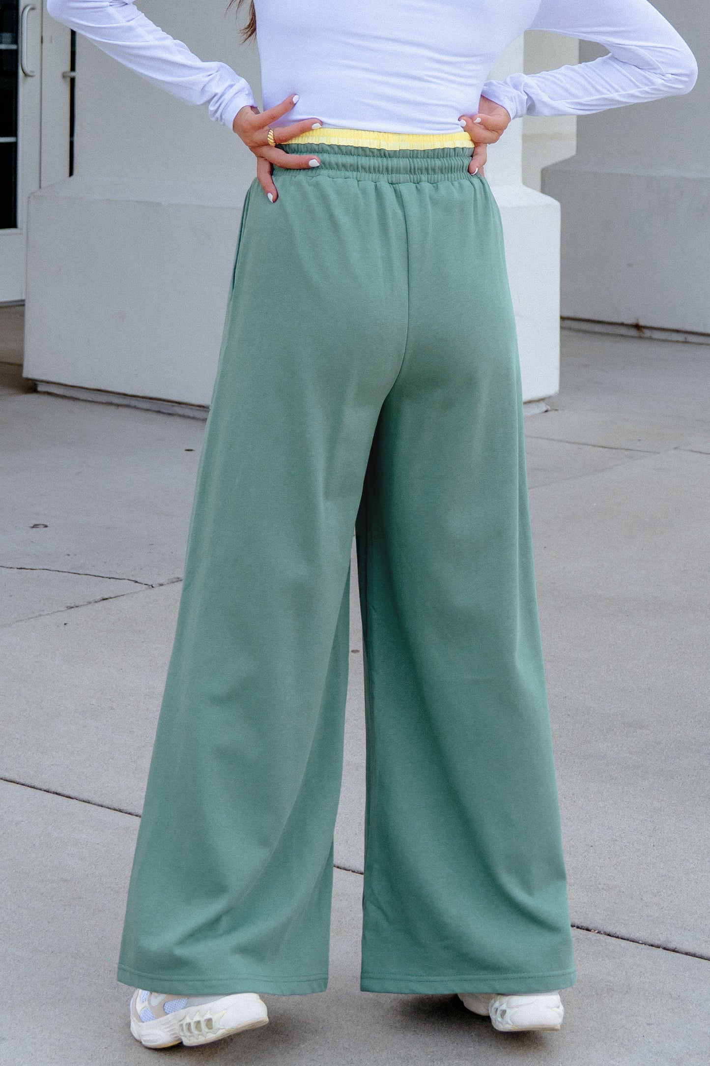 Sea Green Color Block Flower Patchwork Drawstring Contrasted Elastic Waist Wide Leg Pants