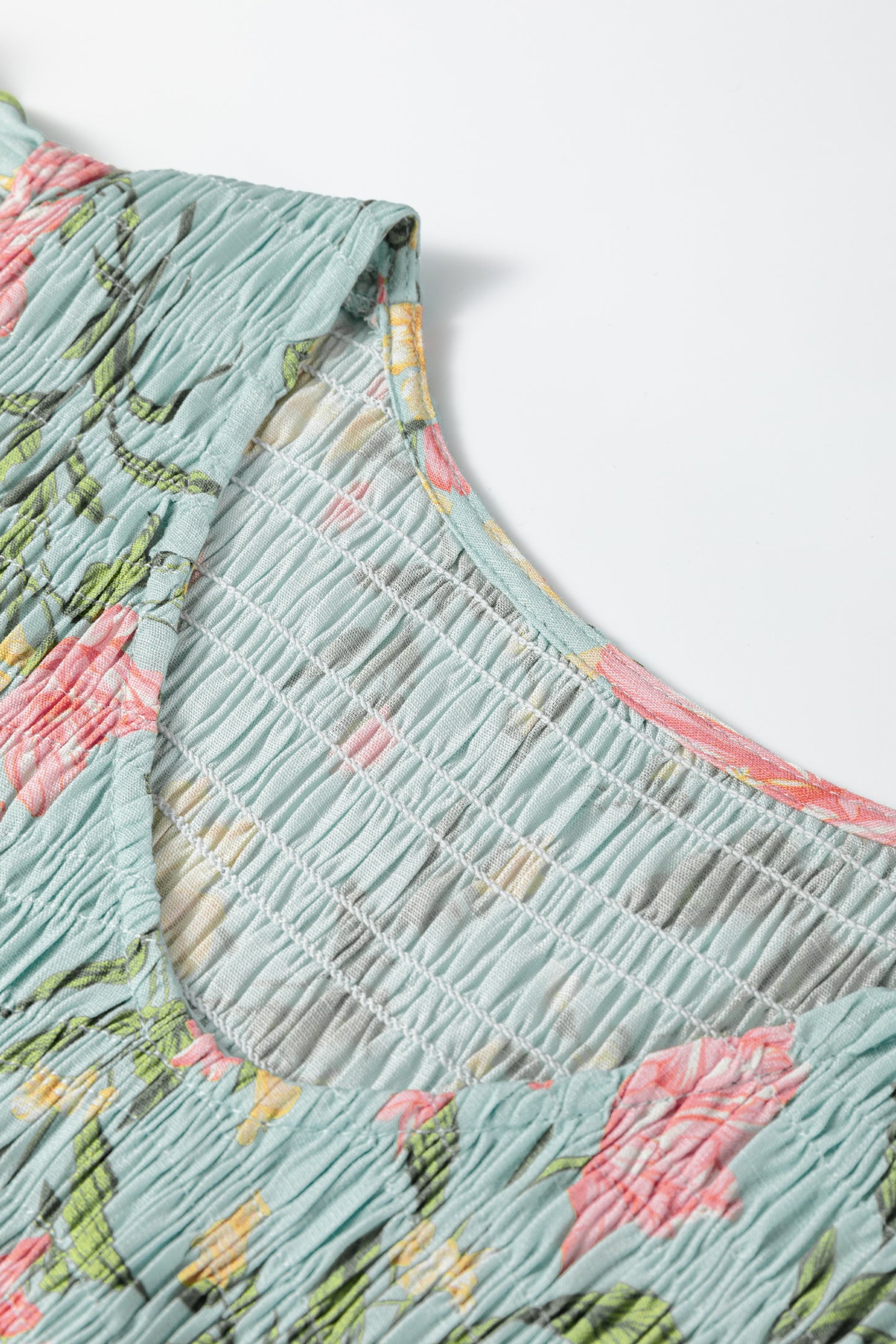 Smocked Bodice Ruffled Sleeveless Tiered Floral Maxi Dress