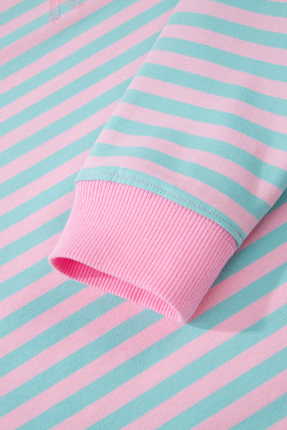 Stripe Color Block Detail Long Sleeve Pullover Elastic Waist Pull On Shorts 2pcs Set