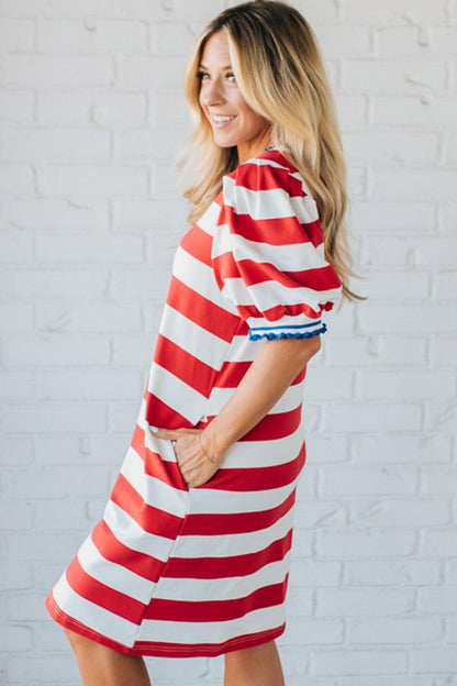 Red Stripe Contrast Trim Round Neck Short Puff Sleeve Shift Dress
