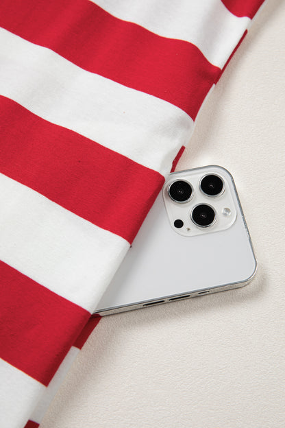 Red Stripe Contrast Trim Round Neck Short Puff Sleeve Shift Dress