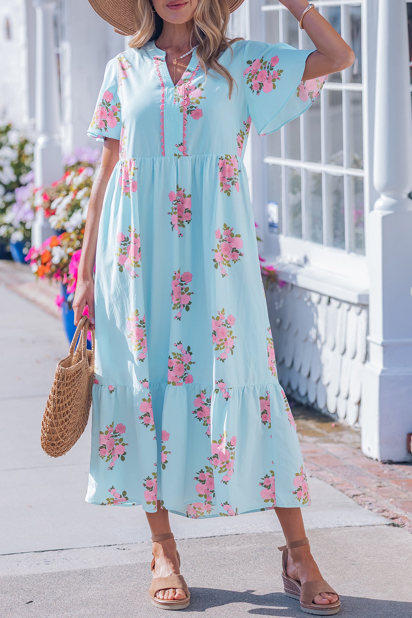 Sky Blue Notched Neck Flutter Short Sleeve Floral Print Maxi Dress