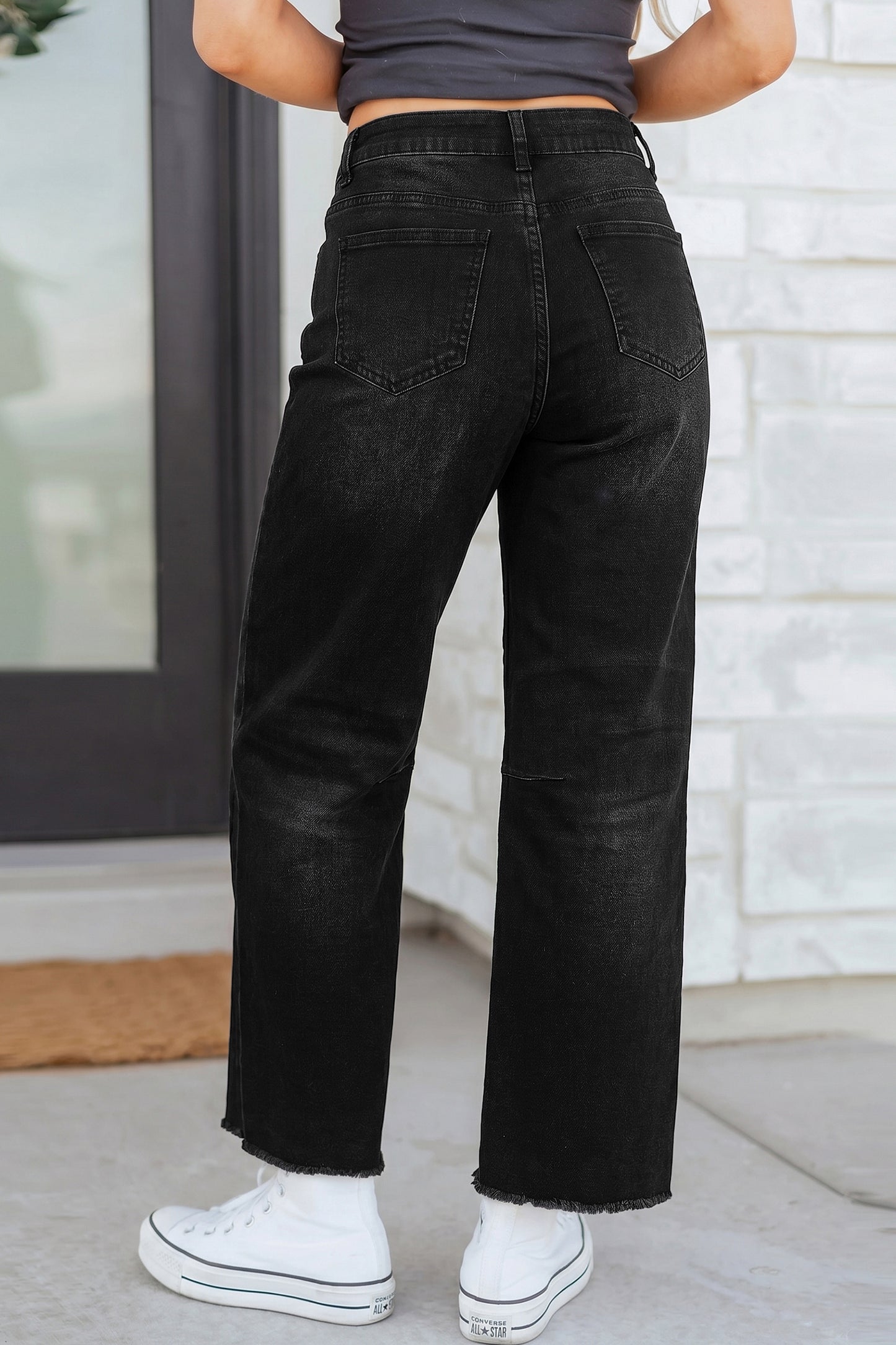 Black Frayed Cropped Straight Jeans
