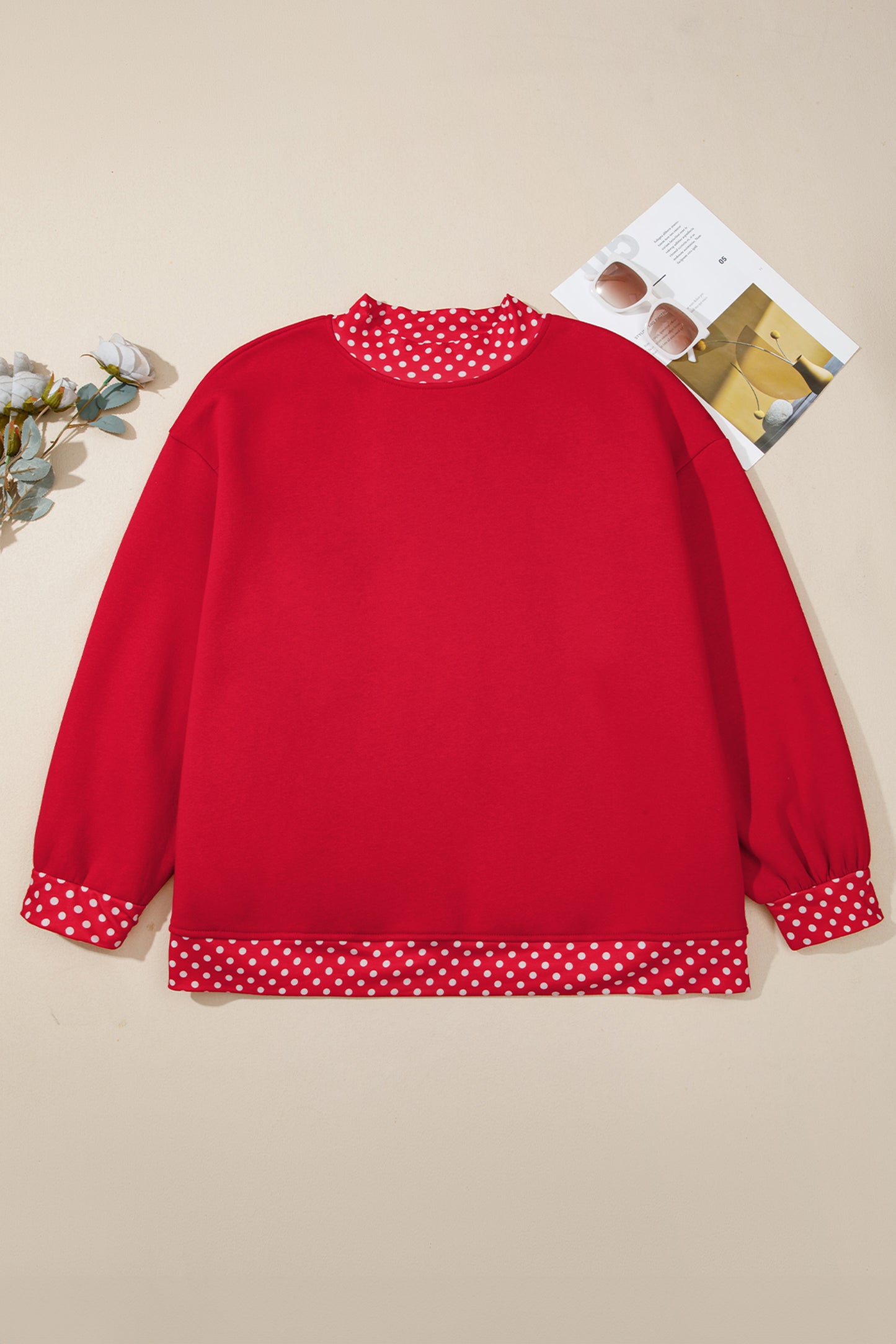 Polka Dot Patchwork Round Neck Plus Size Sweatshirt