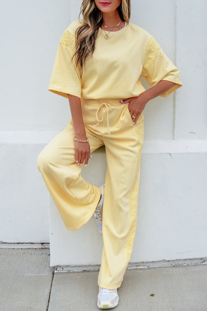 Yellow Cream Lace Patchwork Half Sleeve Top Elastic Waist Pants Two Piece Set