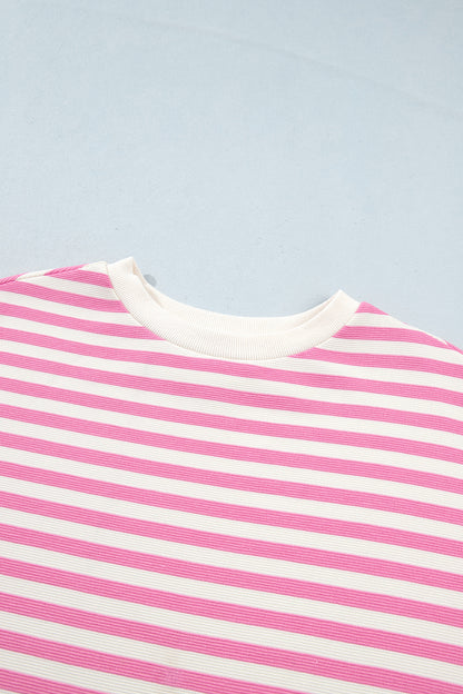 Pink Striped Long Sleeve Crew Neck Drawstring Waist Shorts Set