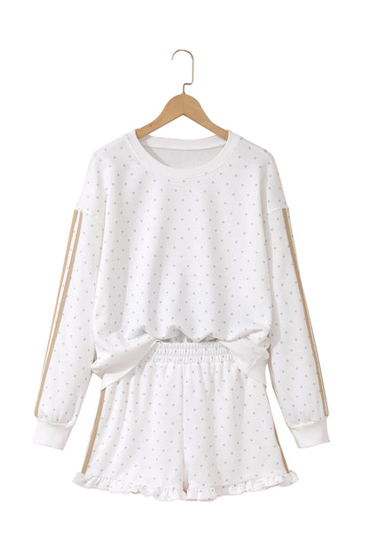 White Polka Dot Print Side Stripe Detail Casual Sweatshirt 2pcs Short Set