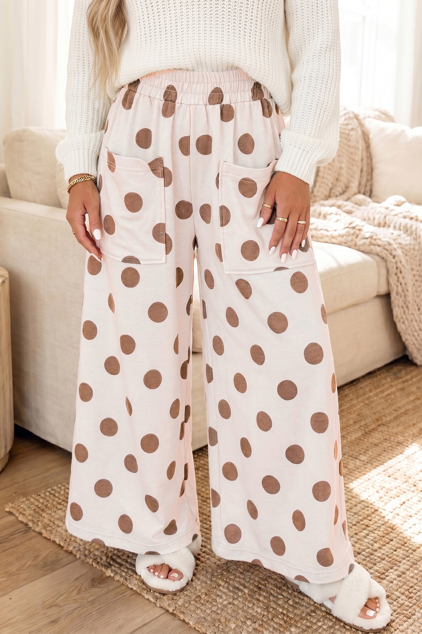Polka Dot Wide Leg Elastic Waist Casual Pants