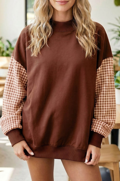 Plaid Sleeve Loose Tunic Mockneck Sweatshirt
