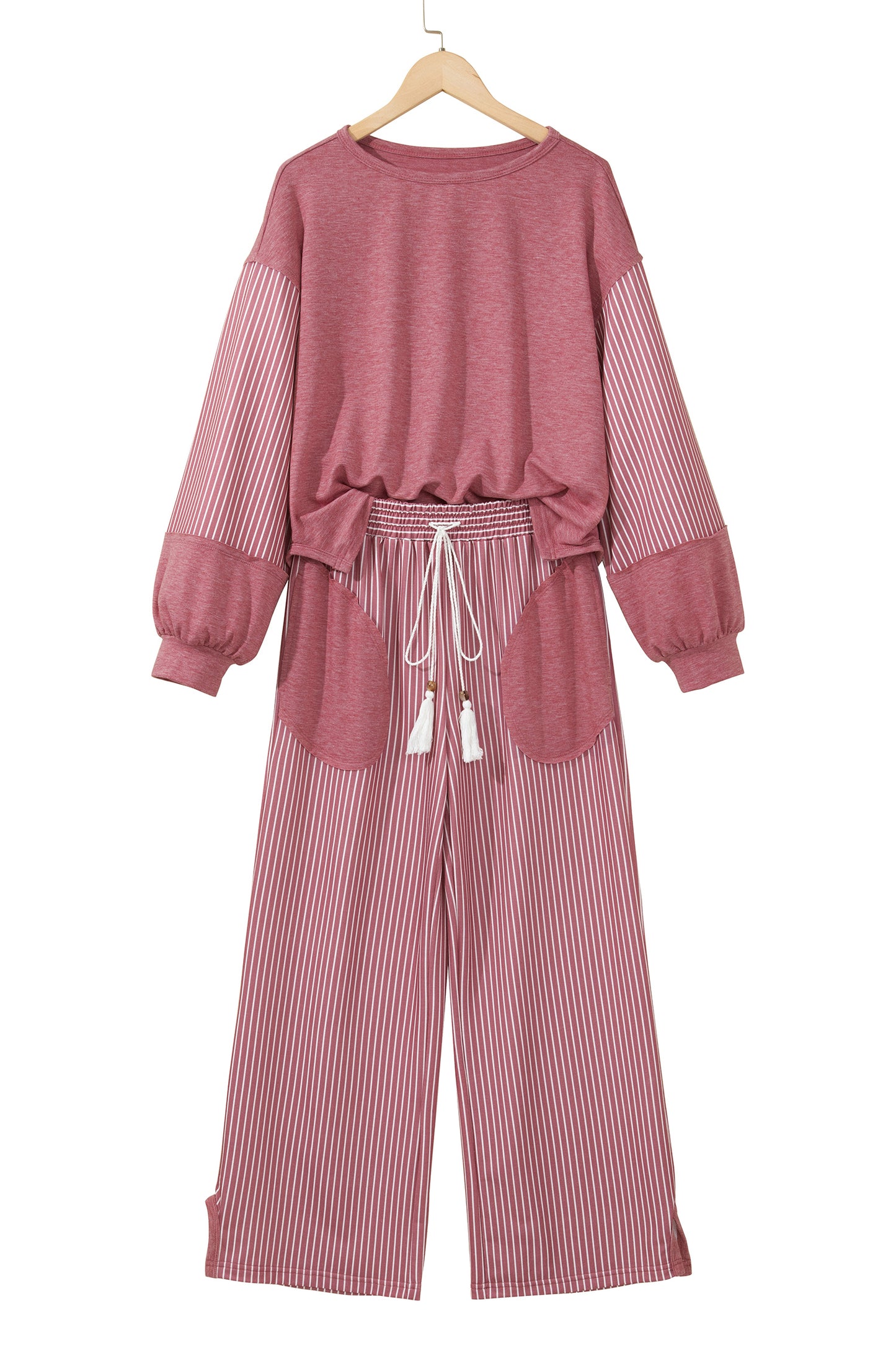 Raw Seam Patchwork Long Sleeve Top Pocket Casual Pants 2pcs Set