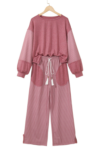 Raw Seam Patchwork Long Sleeve Top Pocket Casual Pants 2pcs Set