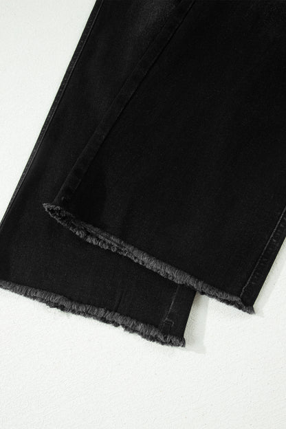 Black Frayed Cropped Straight Jeans