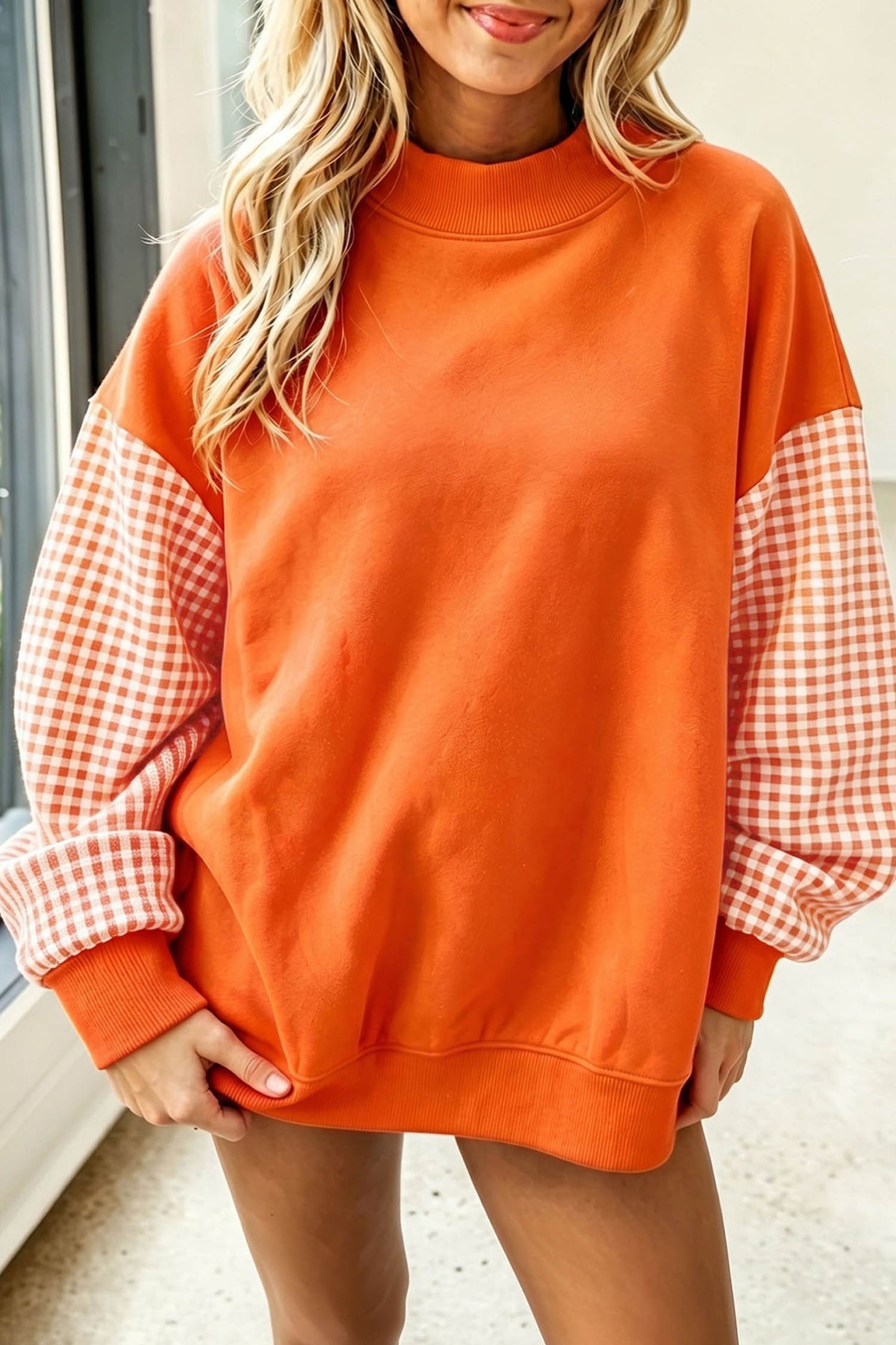 Plaid Sleeve Loose Tunic Mockneck Sweatshirt
