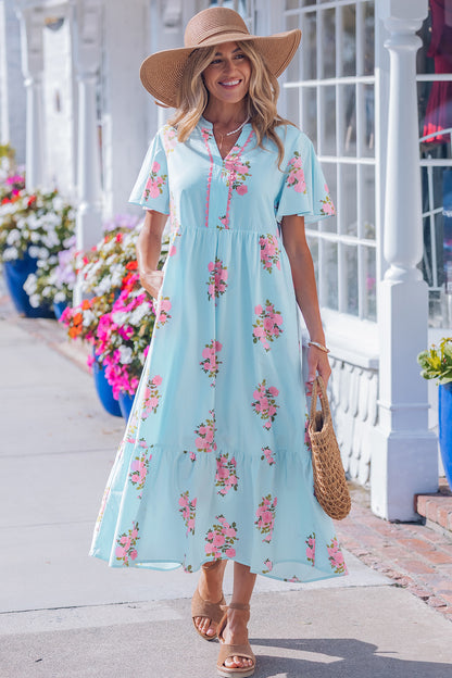 Sky Blue Notched Neck Flutter Short Sleeve Floral Print Maxi Dress
