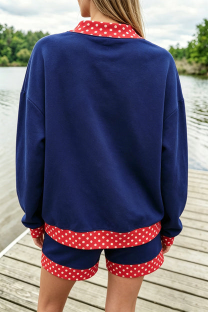 Polka Dot Trim Baggy Pullover 2pcs Short Set