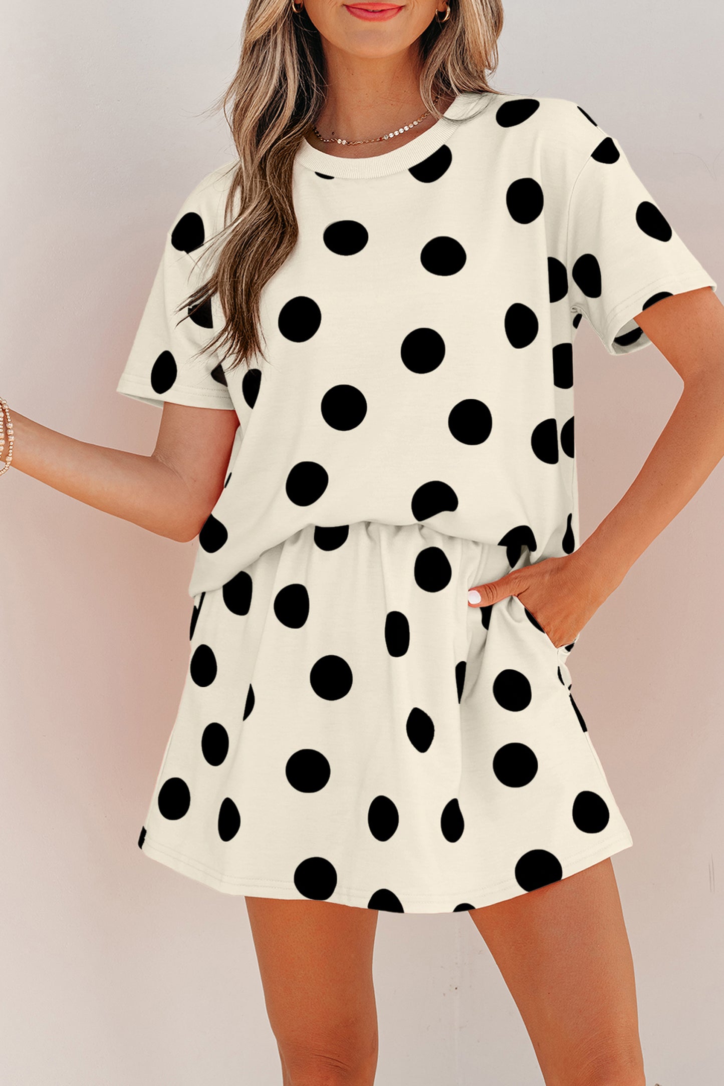 Polka Dot Short Sleeve Top Casual Skort 2pcs Outfit