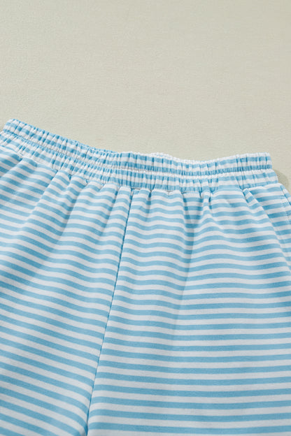 Green Stripe Cuffed Sleeve Contrast Mock Neck Tee Casual 2pcs Short Set