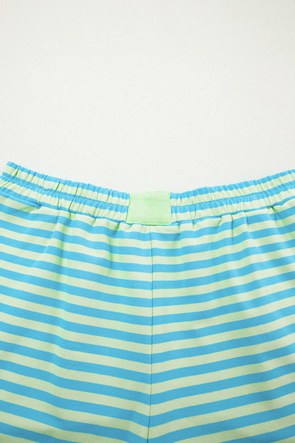 Stripe Color Block Detail Long Sleeve Pullover Elastic Waist Pull On Shorts 2pcs Set