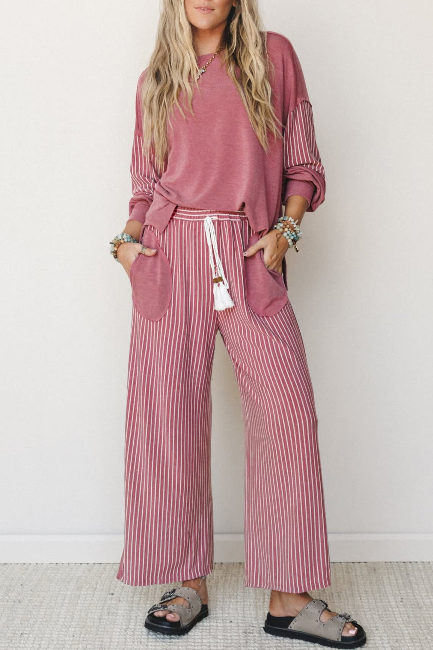 Raw Seam Patchwork Long Sleeve Top Pocket Casual Pants 2pcs Set