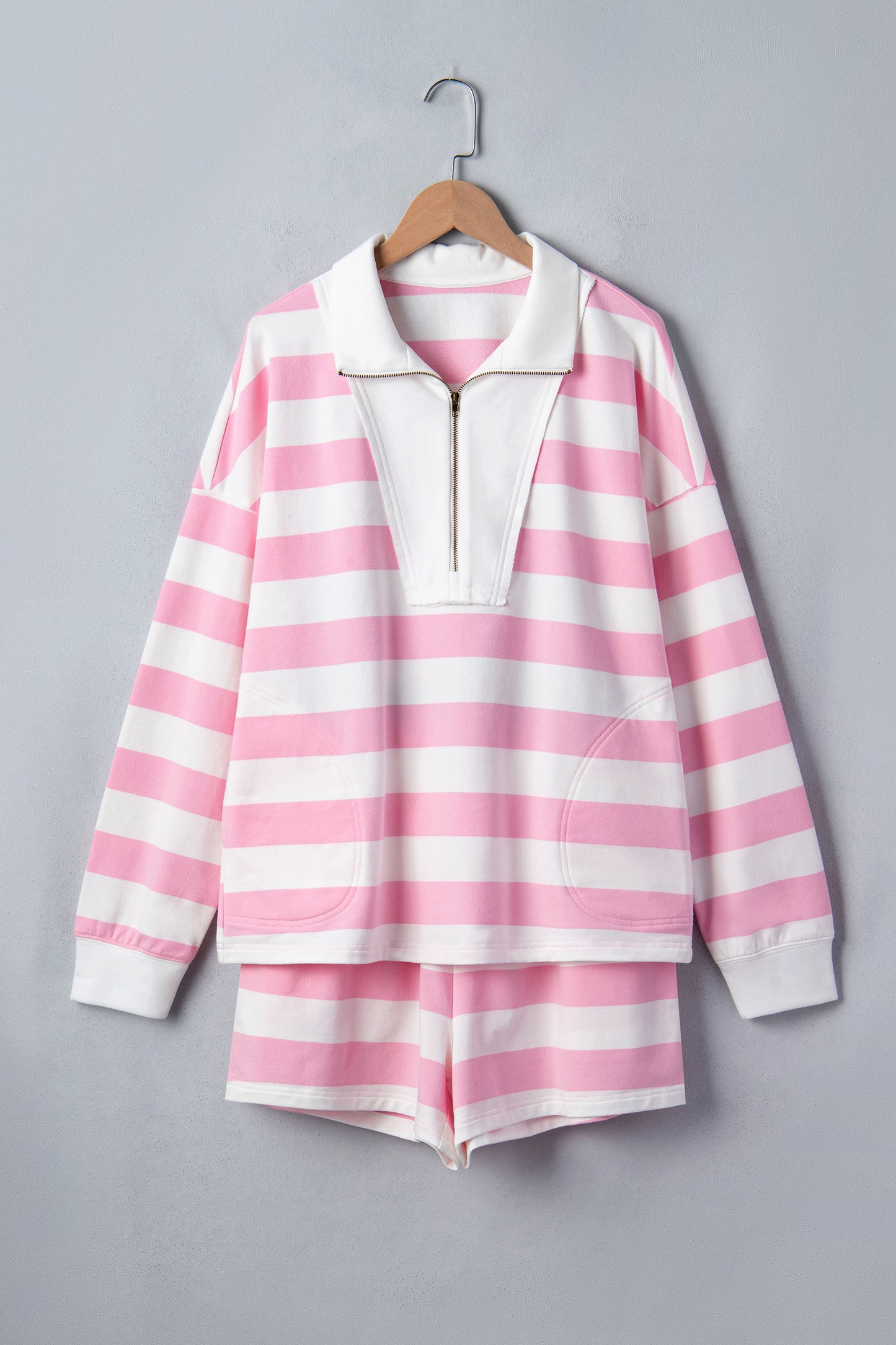 Pink Stripe Patchwork Zipper Pullover Elastic Waist Shorts 2pcs Set