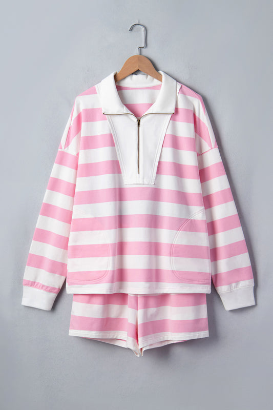 Pink Stripe Patchwork Zipper Pullover Elastic Waist Shorts 2pcs Set