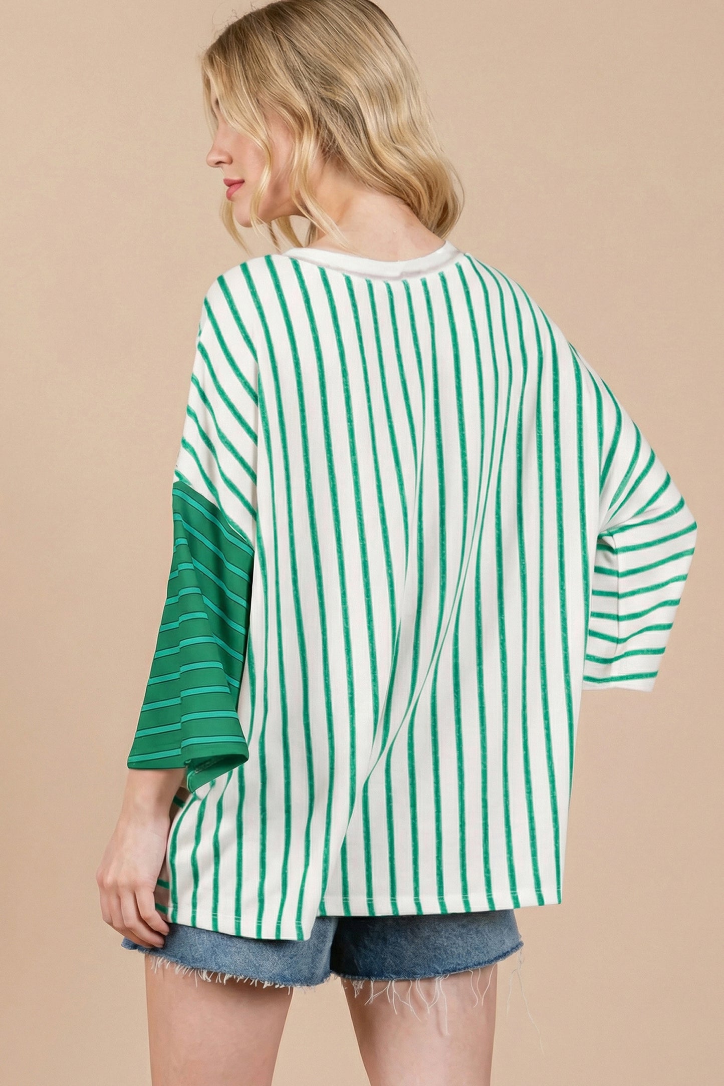Stripe Colorblock 3/4 Sleeve Loose T Shirt