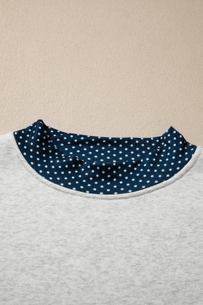 Light Grey Polka Dot Patchwork Mock Neck Pullover Casual Shorts Set