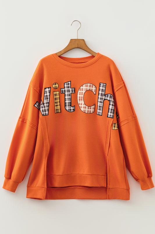 Halloween Witchy Plaid Slogan Embroidered Patch Tunic Sweatshirt