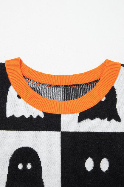 White Geometric Ghost Color Block Trim Short Sleeve Knit Sweater