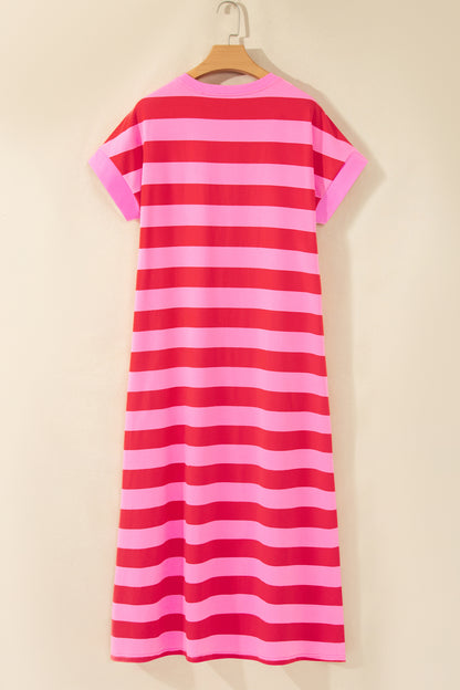 Rose Stripe Cuffed Short Sleeve Pocketed Casual T Shirt Long Dress