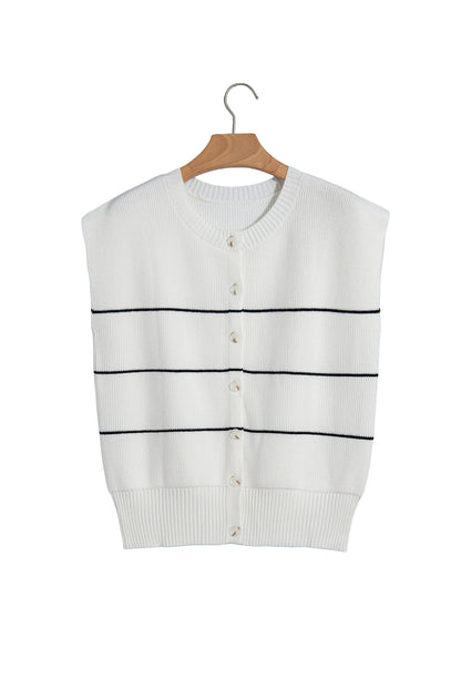 White Stripe Short Sleeve Button Front Shift Cardigan