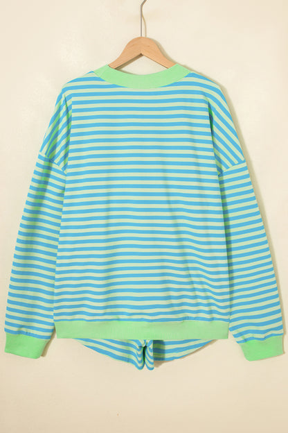 Stripe Color Block Detail Long Sleeve Pullover Elastic Waist Pull On Shorts 2pcs Set