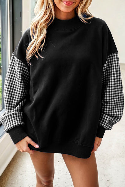 Plaid Sleeve Loose Tunic Mockneck Sweatshirt