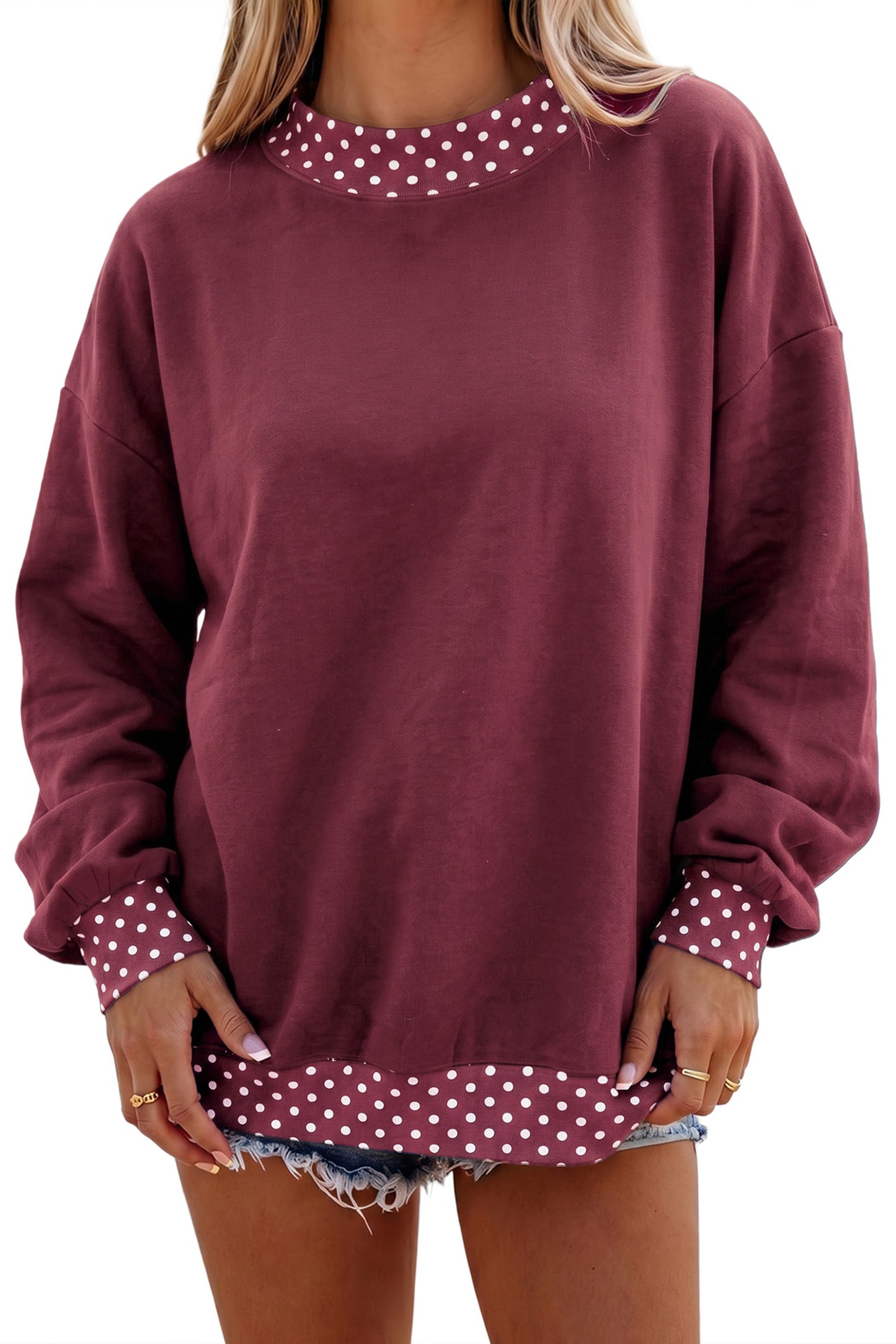 Colorblock Polka Dot Contrast Trim Oversized Sweatshirt