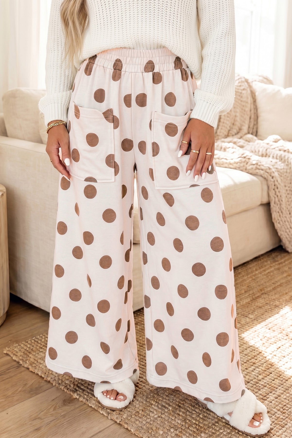 Polka Dot Wide Leg Elastic Waist Casual Pants