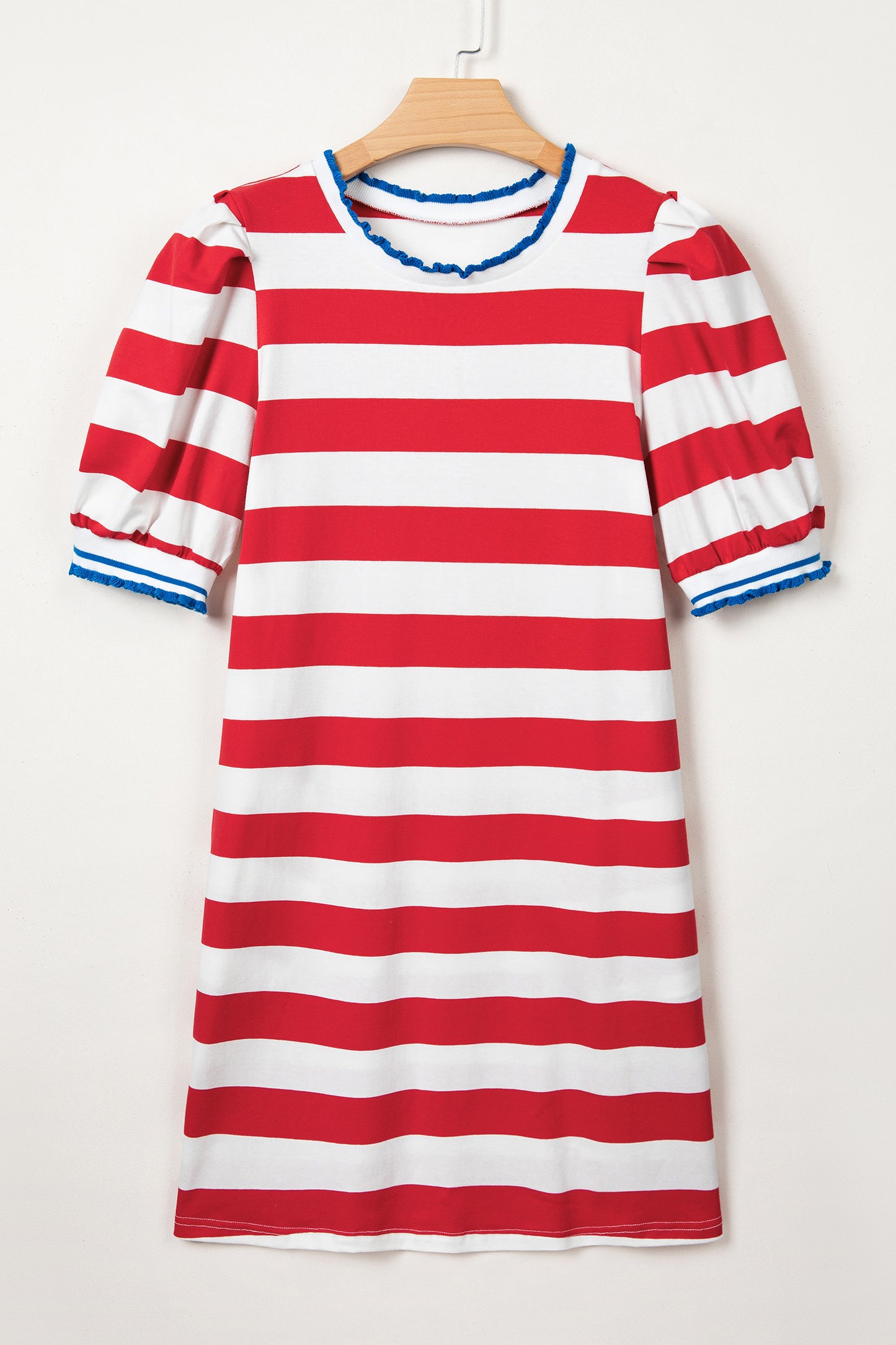 Red Stripe Contrast Trim Round Neck Short Puff Sleeve Shift Dress