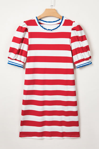 Red Stripe Contrast Trim Round Neck Short Puff Sleeve Shift Dress