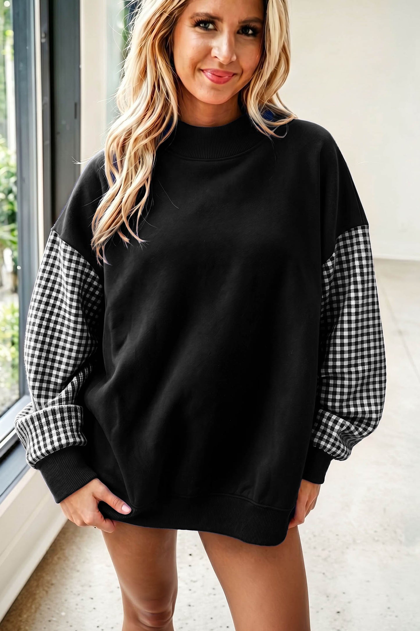 Plaid Sleeve Loose Tunic Mockneck Sweatshirt