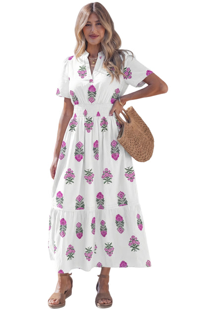 Split Neck Shirred High Waist Ruffle Hem Maxi Dress