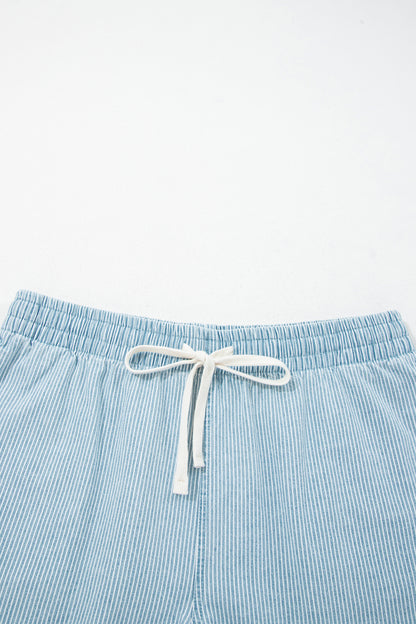 Blue Stripe Plus Size Contrast Drawstring Elastic Waist Denim Shorts