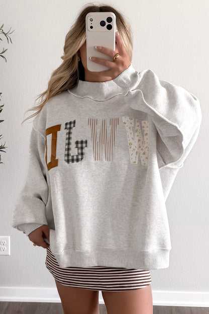 Gray WWJD Mixed Pattern Embroidered Patch Mock Neck Sweatshirt