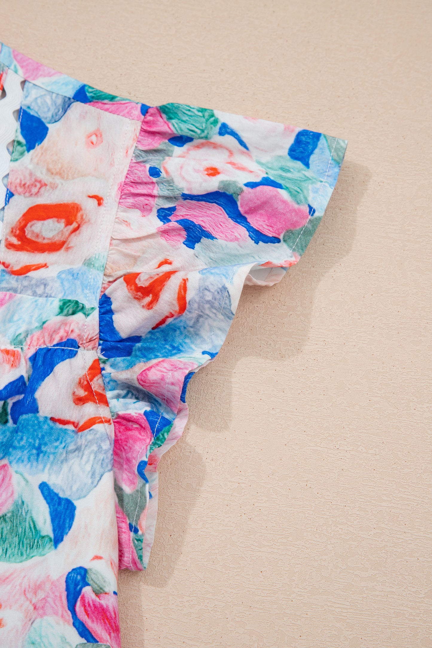 Floral Print Tie V Neck Contrast Detail Ruffle Short Sleeve Blouse