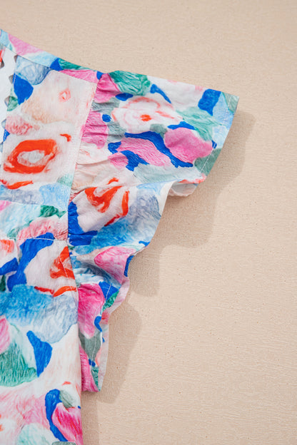 Floral Print Tie V Neck Contrast Detail Ruffle Short Sleeve Blouse