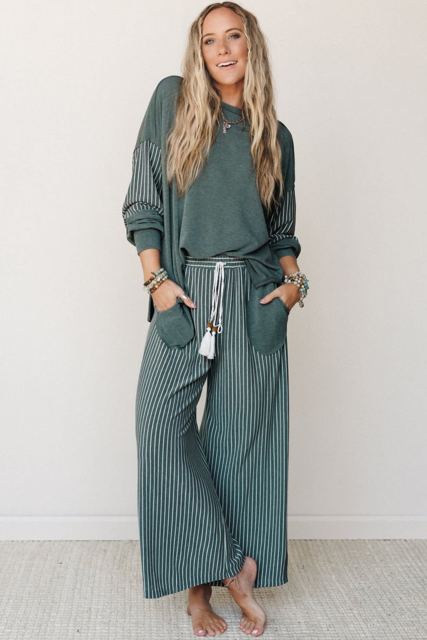 Raw Seam Patchwork Long Sleeve Top Pocket Casual Pants 2pcs Set