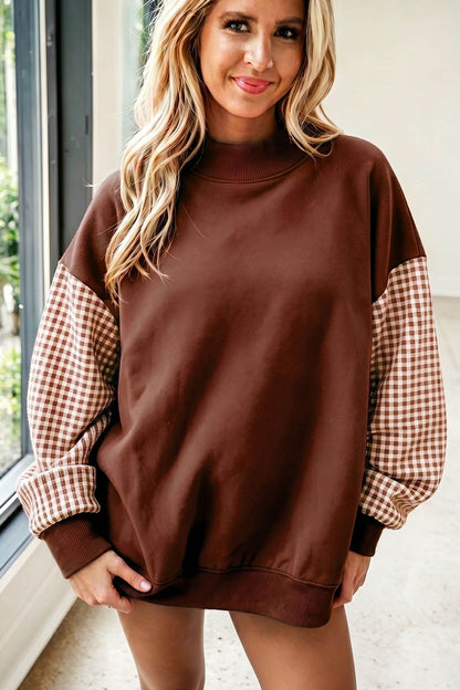 Plaid Sleeve Loose Tunic Mockneck Sweatshirt
