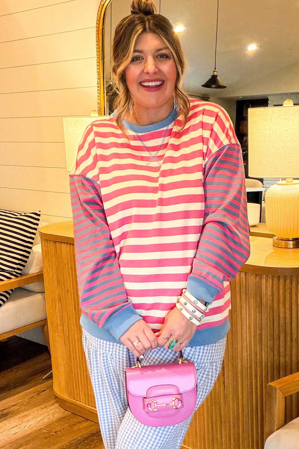 Pink Stripe Colorblock Tunic Plus Size Sweatshirt