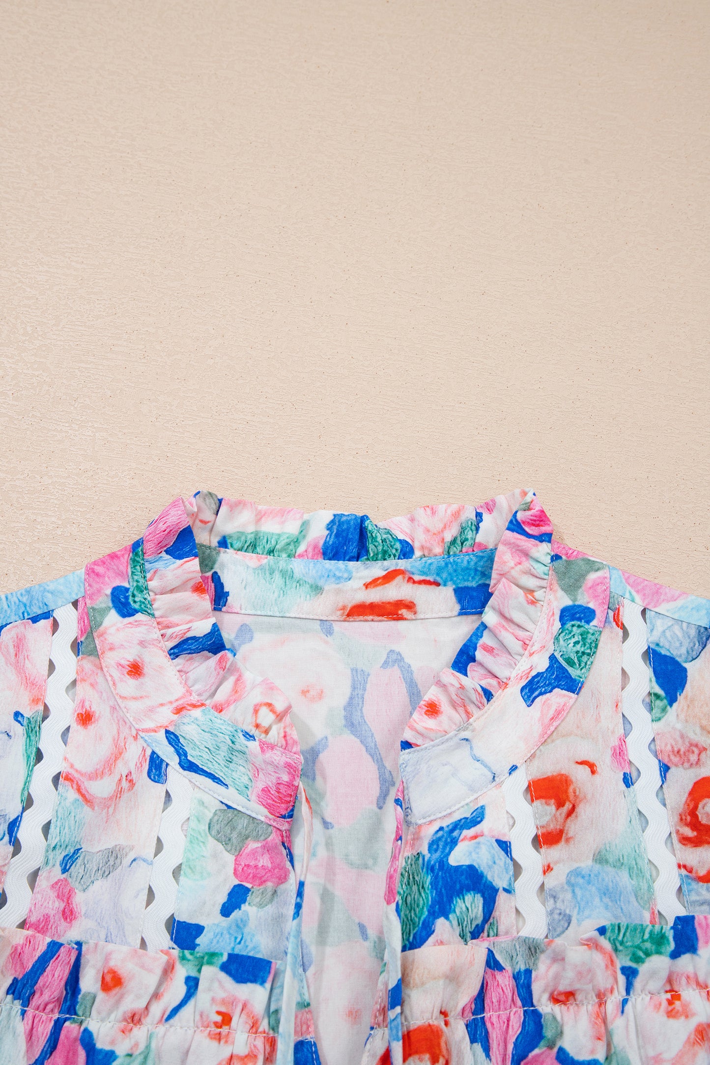 Floral Print Tie V Neck Contrast Detail Ruffle Short Sleeve Blouse